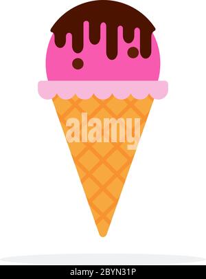 Boule de glace rose avec sauce au chocolat dans un lit de corne de gaufres isolé Illustration de Vecteur