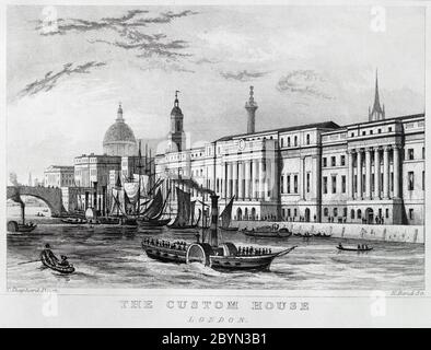 Gravure du début du XIXe siècle montrant la Custom House sur la rive nord de la Tamise à Londres. Banque D'Images