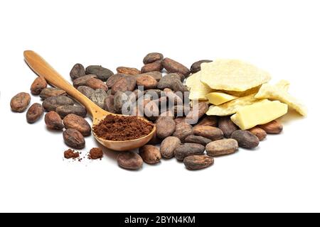 Fèves de cacao crues, beurre de cacao et cuillère avec poudre de cacao. Ingrédients de chocolat isolés sur fond blanc. Banque D'Images