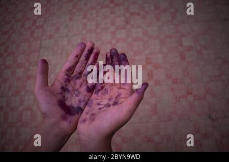 Mains colorées avec du jus de mûrier. Couleur des fruits mûrs. Peinture sur les mains. Mains de fermier Banque D'Images