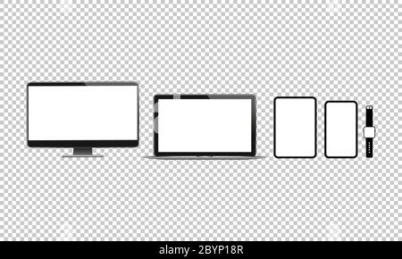 Jeu de méplats d'icône de nouveau périphérique. Smartphone, ordinateur portable, moniteur d'ordinateur, tablette et montre intelligente sur un arrière-plan blanc isolé. Vecteur EPS 10. Illustration de Vecteur