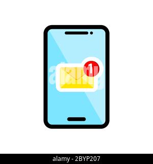 Nouveau message, notification sur l'icône du smartphone à plat sur un arrière-plan isolé. Vecteur EPS 10. Illustration de Vecteur