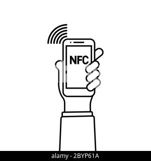 Tient le téléphone NFC. Icône de paiement via la technologie NFC. Systèmes de paiement par carte sans contact. Vecteur sur fond blanc isolé. SPE 10. Illustration de Vecteur