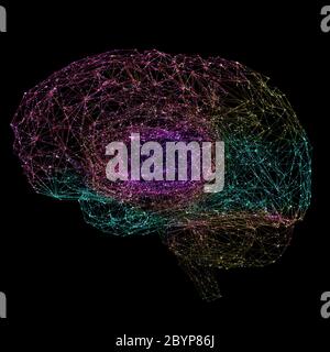 Cerveau humain coloré représenté par des points lumineux reliés par des lignes - illustration 3d Banque D'Images