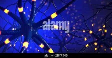 Gros plan sur la transmission de cellules cérébrales ou de neurones - illustration 3d Banque D'Images