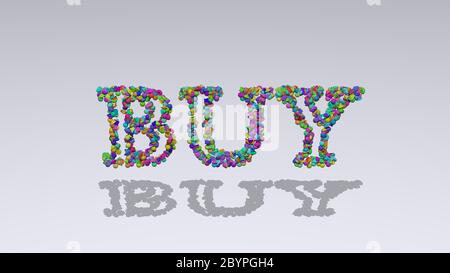 Écriture 3D colorée de texte d'achat avec de petits objets sur un fond blanc et une ombre assortie Banque D'Images