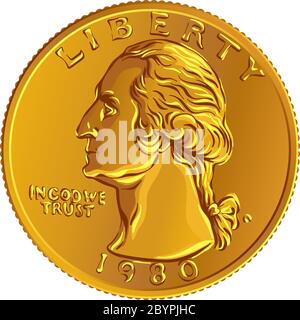 American Money, États-Unis Washington quart de dollar ou 25 cents or coin, le premier président des États-Unis profil George Washington sur l'inverse Illustration de Vecteur