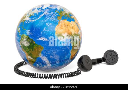 Globe terrestre avec combiné téléphonique. Rendu 3D isolé sur fond blanc Banque D'Images
