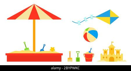 Bac à sable pour enfants avec jouets et parapluie Illustration de Vecteur