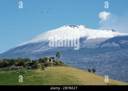 Etna volcan de Sicile site naturel UNESCO, maison sur colline, dans le ciel de vol des oiseaux et bouffée de fumée blanche Banque D'Images