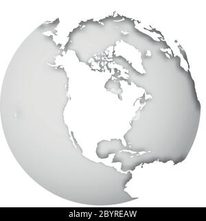 Globe terrestre. Carte du monde en 3D avec des terres blanches qui jettent des ombres sur les mers et les océans gris clair. Illustration vectorielle. Illustration de Vecteur