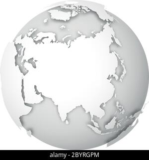 Globe terrestre. Carte du monde en 3D avec des terres blanches qui jettent des ombres sur les mers et les océans gris clair. Illustration vectorielle. Illustration de Vecteur