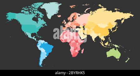 Carte politique colorée du monde divisée en six continents. Carte vectorielle vierge en couleurs du spectre arc-en-ciel sur fond gris foncé. Illustration de Vecteur