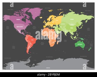 Carte politique colorée du monde divisée en six continents sur fond gris foncé. Avec des labels de pays, de capitales, de mers et d'océans. Illustration vectorielle. Illustration de Vecteur