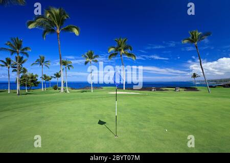 Golf vert, drapeau et palmiers de Kona Country Club Ocean course (propriété libérée) à Kona, Hawaï Banque D'Images