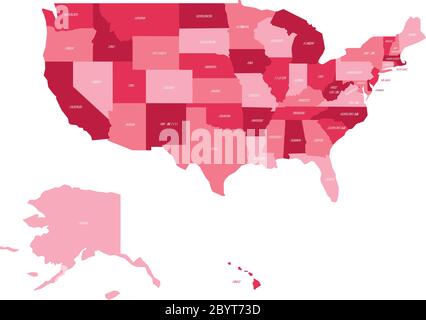 Carte politique des Etats-Unis d'Amérique, Etats-Unis. Carte vectorielle simple et plate en quatre nuances de rose avec des étiquettes de nom d'état blanches sur fond blanc. Illustration de Vecteur