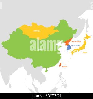 Région de l'Asie de l'est. Carte des pays d'Asie orientale. Illustration vectorielle. Illustration de Vecteur