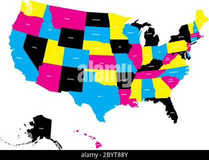 Carte politique des Etats-Unis, Etats-Unis d'Amérique, en couleurs CMJN avec des étiquettes de nom d'état blanches sur fond blanc. Illustration vectorielle. Illustration de Vecteur