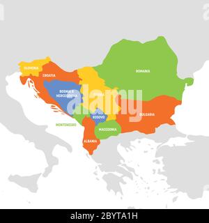 Région Europe du Sud-est. Carte des pays de la péninsule des Balkans. Illustration vectorielle. Illustration de Vecteur