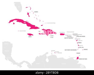 Carte politique des Caraïbes. États et territoires dépendants surlignés en rose. Illustration simple à vecteur plat. Illustration de Vecteur