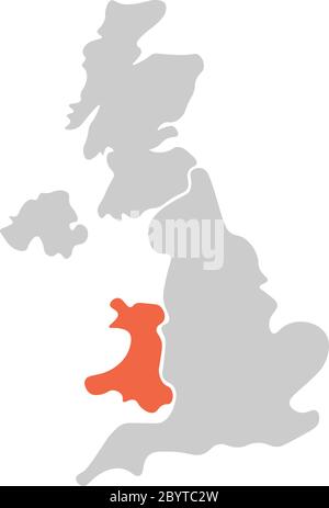 Carte vierge simplifiée, dessinée à la main, du Royaume-Uni de Grande-Bretagne et d'Irlande du Nord. Divisé en quatre pays avec le rouge de Galles en surbrillance. Illustration simple à vecteur plat. Illustration de Vecteur