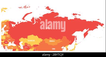 Carte politique de la Russie et des pays européens et asiatiques environnants. Carte orange à quatre nuances avec étiquettes blanches sur fond blanc. Illustration vectorielle. Illustration de Vecteur
