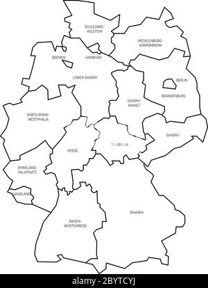 Carte de l'Allemagne détournée à 13 États fédéraux et 3 villes-États - Berlin, Brême et Hambourg, Europe. Carte vectorielle simple et plate blanche avec contours et étiquettes noirs. Illustration de Vecteur