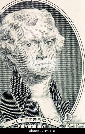 Le visage de Jefferson, la macro du dollar Banque D'Images