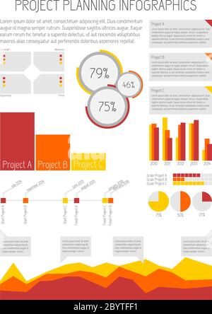 Infographies avec trois projets et graphiques, analyse swot, chronologie et étiquettes Illustration de Vecteur