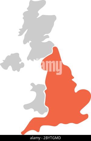 Carte vierge simplifiée, dessinée à la main, du Royaume-Uni de Grande-Bretagne et d'Irlande du Nord. Divisé en quatre pays avec l'Angleterre en rouge. Illustration simple à vecteur plat. Illustration de Vecteur