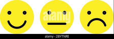 Émoticônes de base définies. Trois expressions faciales de l'échelle de rétroaction - de positif à négatif. Icônes vectorielles jaunes simples. Illustration de Vecteur