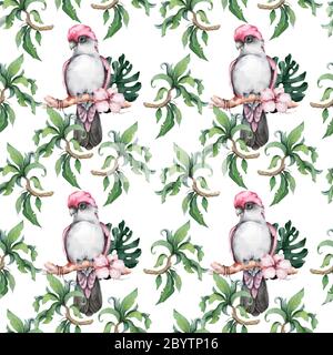 Motif sans couture pourriture rose et grise de cafatoo et illustration exotique florale, feuilles tropicales. Aquarelle dessinée à la main isolée sur fond blanc Banque D'Images