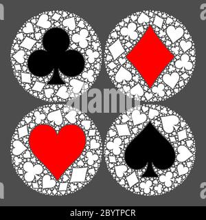 Mosaïque cercle de jeu de poker combinaison de cartes avec le symbole principal au milieu - coeur, diamant, bêche et club. Illustration vectorielle plate sur fond gris. Illustration de Vecteur