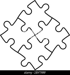 Puzzle résolu de quatre pièces. Coopération d'équipe, travail d'équipe ou thème commercial de solution. Illustration vectorielle simple et plate avec contour noir sur fond blanc. Illustration de Vecteur