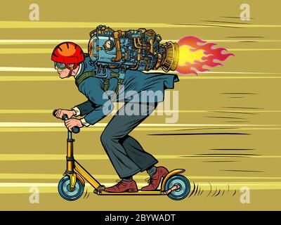 Un homme d'affaires est à la conduite d'un scooter. Moteur à jet à grande vitesse Illustration de Vecteur