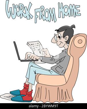 Homme de dessin animé restant à la maison et travaillant de la maison pour être à l'abri de l'illustration du vecteur de virus corona Illustration de Vecteur