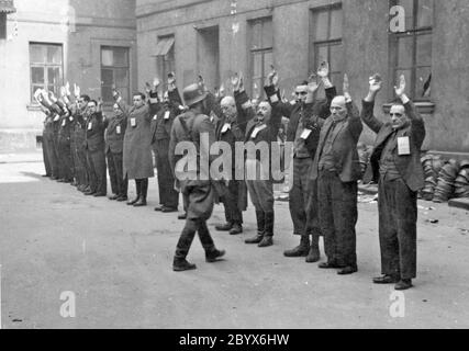 Soulèvement du ghetto de Varsovie: Photographie des troupes SS arrêtant les chefs de département juifs de l'usine de casques Brauer ca. 24 avril 1943. Le "hop" Brauer, de Herman Brouer, a fabriqué des casques pour l'armée allemande, était situé à la rue Nalewki 28-38 et employait 2 mille personnes.[3] leurs travailleurs étaient probablement des derniers Juifs à être déportés du ghetto. Avec le déclenchement du soulèvement le 19 avril 1943, Hermann Brauer a promis aux directeurs de travail juifs qui n'avaient pas été cachés, que l'usine continuerait à fonctionner et leur a demandé de venir travailler. Ces gestionnaires ont reçu des tra spéciaux Banque D'Images