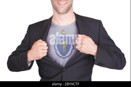 Costume d'ouverture pour homme d'affaires pour révéler une chemise avec drapeau d'État Banque D'Images