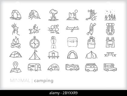 Ensemble d'icônes de ligne de camping pour les voyages, les vacances et les activités de plein air Illustration de Vecteur