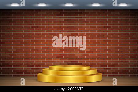 podium doré sur le fond de mur de briques blanc rouge de parquet Illustration de Vecteur