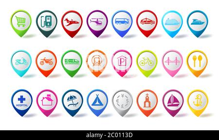 Ensemble de vecteurs d'icône de goupille de déplacement. Cartes de voyage colorées icônes broches de navigation avec différents signes pour le marqueur et les éléments de destination de signe isolés en blanc. Illustration de Vecteur