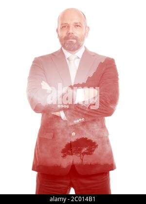 homme d'affaires double exposition arbre rouge Banque D'Images