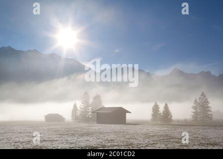 brouillard ensoleillé matin hiver hiver prés alpins Banque D'Images