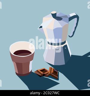 Illustration vectorielle de la cafetière et de la tasse avec chocolat Illustration de Vecteur