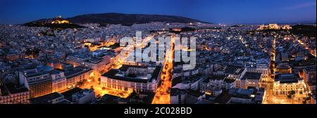 Vue panoramique sur Athènes au lever du soleil avec la vieille ville et l'horizon de l'Acropole Banque D'Images