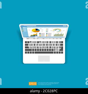 Graphiques analytiques de statistiques Web sur l'icône de l'écran de l'ordinateur portable. Infographie à vecteur plat, graphiques de tendance, concept de rapport d'information pour la planification et la comptabilité, ana Illustration de Vecteur