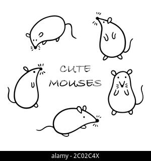 Rats de dessins animés. Ensemble de 5 mignons chemisiers noirs et blancs en différentes poses sur fond blanc. Illustration vectorielle plate. Illustration de Vecteur