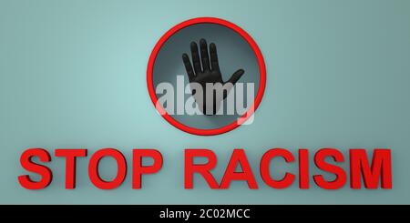 Bannière de protestation contre le racisme. Une main noire symbolisant la protestation et les mots cessent le racisme. Les vies noires comptent. Rendu 3D, Illustration 3D Banque D'Images