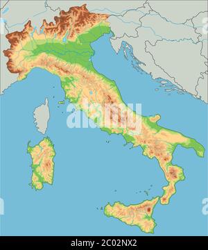 Carte physique de l'Italie haute détaillée. Illustration de Vecteur