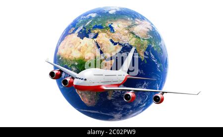 Avion ou avion de ligne avec planète Terre isolée sur fond blanc image de rendu 3D. Transport mondial, voyages et tourisme ind Banque D'Images